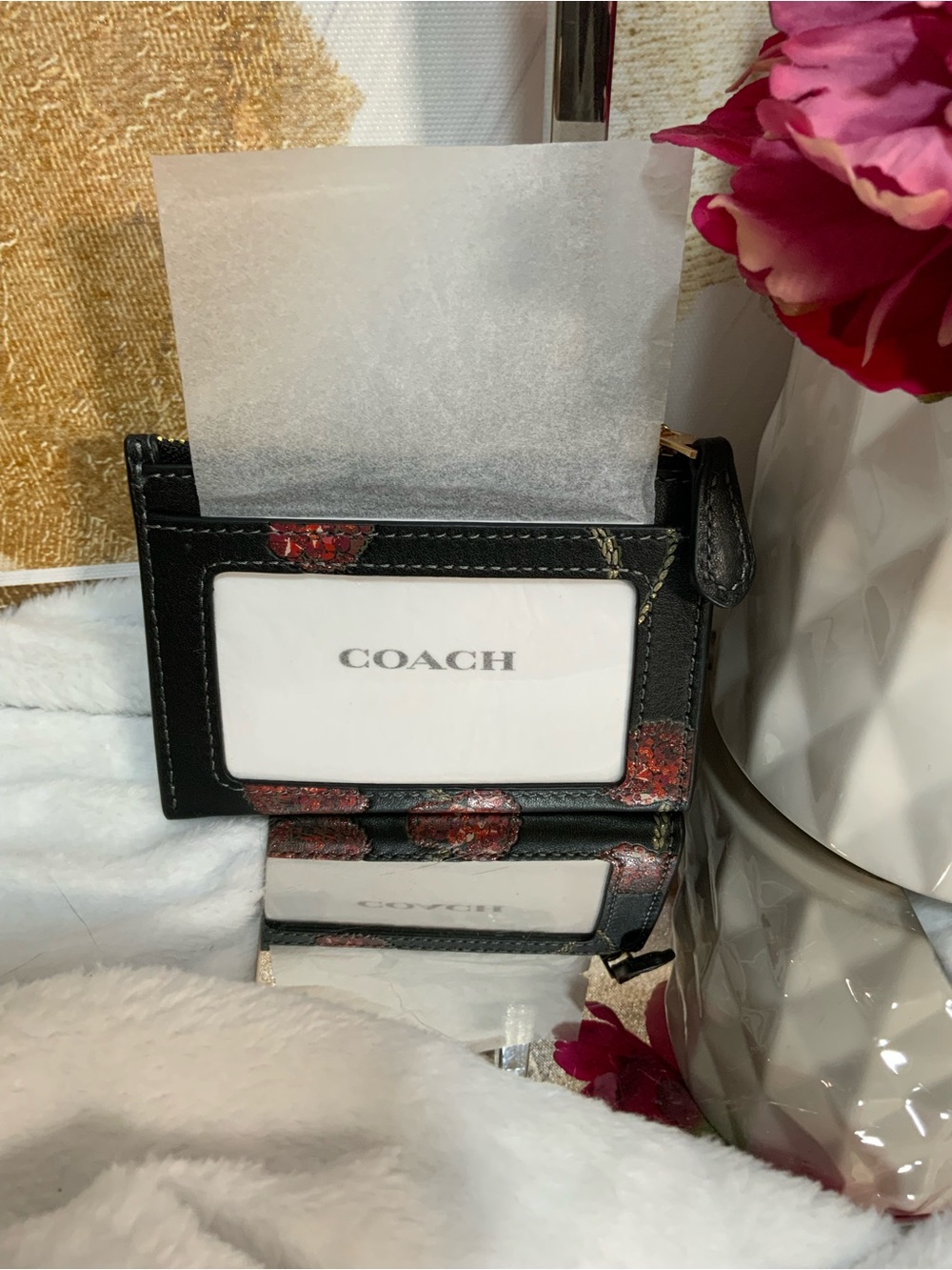 Coach Black Leather Card Case with Red Cherry Print - Picture 3 of 7